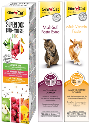 GimCat-Pasten: Superfood Duo-Mousse Mix, Malt-Soft Paste Extra, Multi-Vitamin Paste